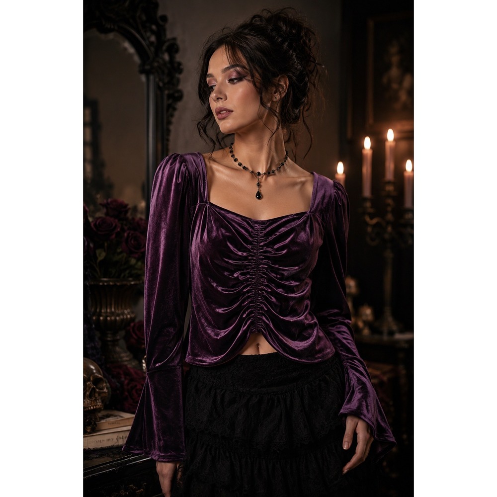 Whimsigoth Velvet Ruched Square Neck Top Women's M Plum Romantic Gothic